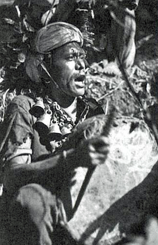 A shaman beats his drum.